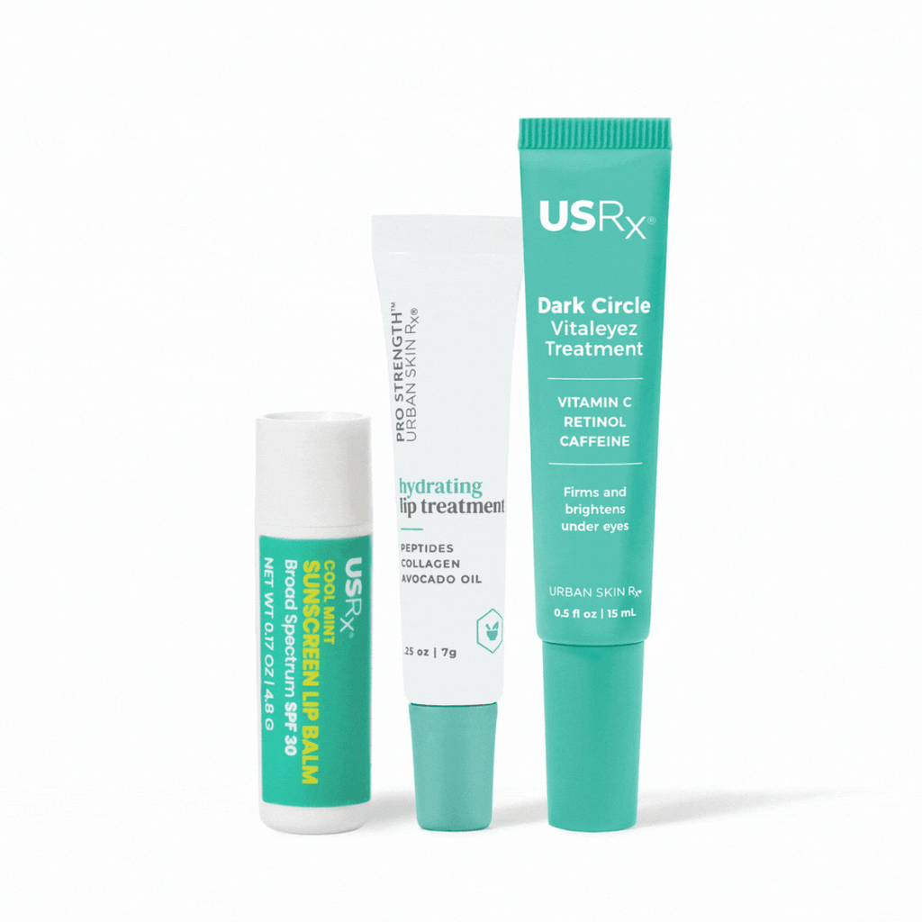 3 USRX Protect Your Pout products including Sunscreen Lip Balm, Hydrating Lip Treatment, and Dark Circle Vitaleyez Treatment