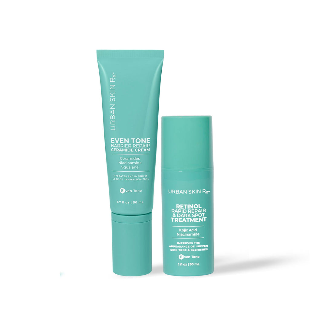 Bottles of Urban Skin Rx Even Tone Barrier Repair Ceramide Cream and Retinol Rapid Repair Treatment against a white background