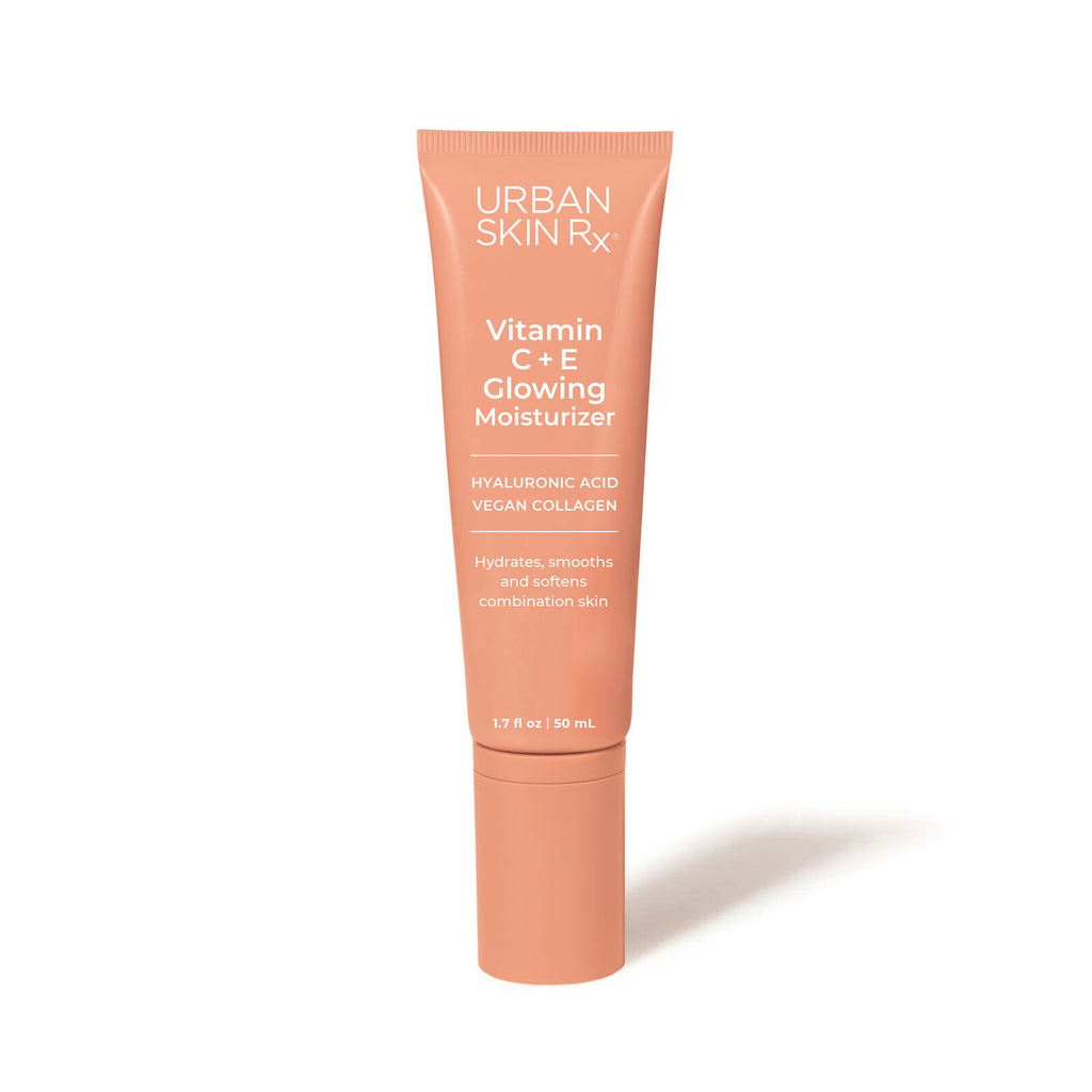 Bottle of Urban Skin RX Vitamin C + E Bright Glowing Moisturizer against white background 