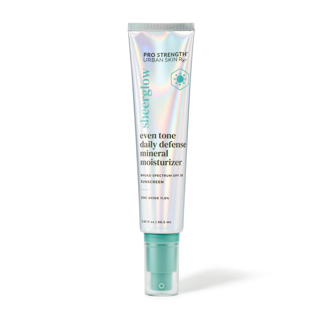Bottle of SheerGlow Even Tone Daily Defense Mineral Moisturizer SPF 30 against a white background