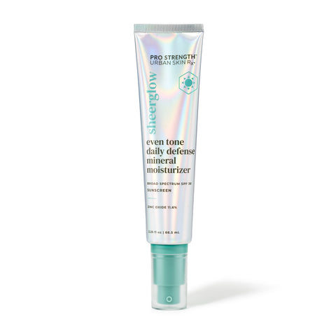 Bottle of SheerGlow Even Tone Daily Defense Mineral Moisturizer SPF 30 against a white background