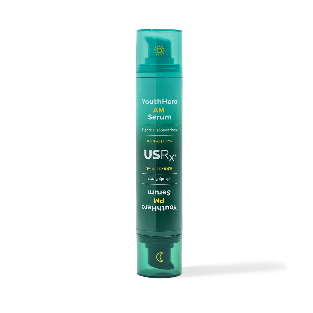 Bottle of USRX YouthHero AM/PM Serum includes serums for morning and nighttime use for firmer and more even skin