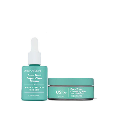 Duo of Urban Skin RX Even Tone Super Glow Serum and Even Tone Cleansing Bar promote bright and even skin