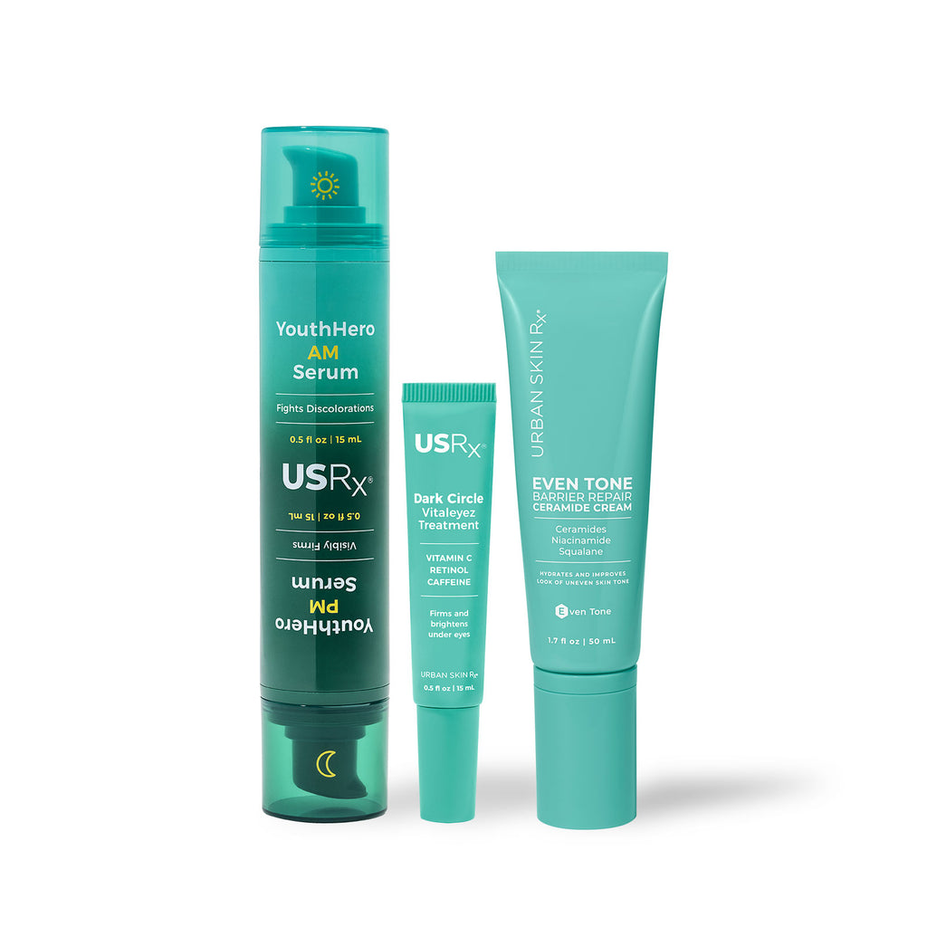 PM Glow Trio, three skincare products from Urban Skin Rx on a white background