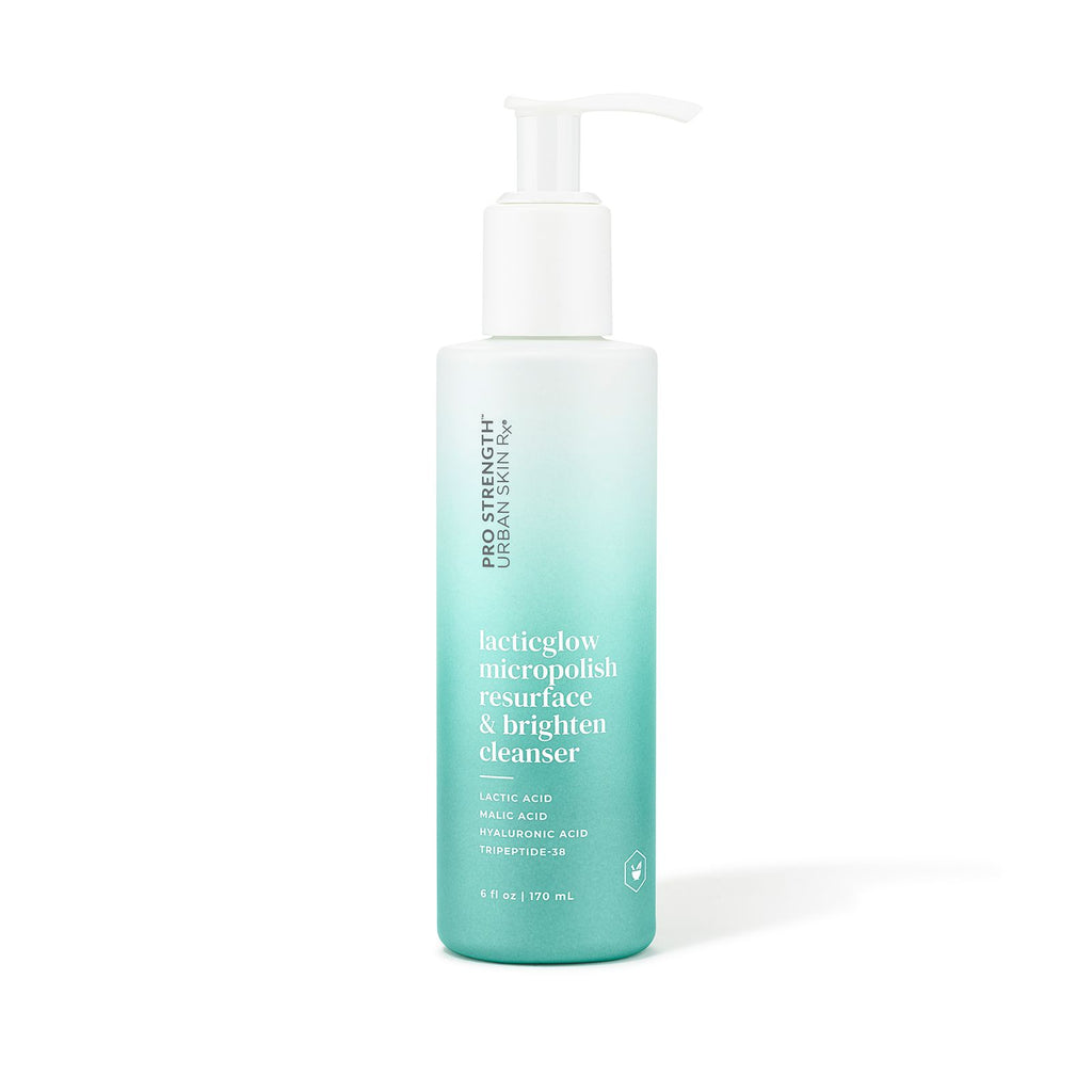 Bottle of Urban Skin RX Lacticglow Micropolish Cleanser on a white background
